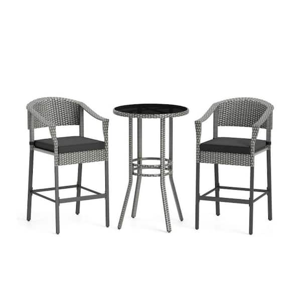 3-Piece Patio Metal Round Outdoor Bistro Set with Black Cushions ...