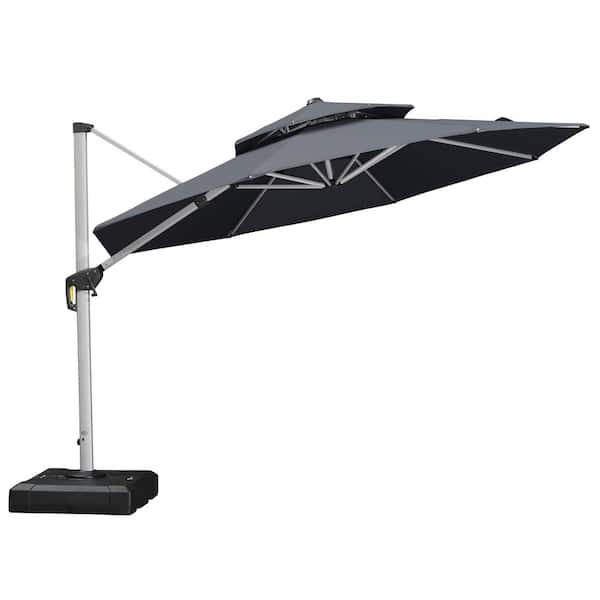 PURPLE LEAF 11 ft. Sunbrella Aluminum Octagon 360° Rotation Silvery Cantilever Outdoor Patio Umbrella With Base Plate, Gray