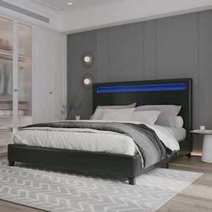 Black Wood Frame Queen Size Faux Leather Upholstered Platform Bed Frame with LED lighting, No Box Spring Needed