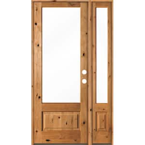 50 in. x 96 in. Farmhouse Knotty Alder Left-Hand/Inswing 3/4 Lite Clear Glass Clear Stain Wood Prehung Front Door w/RSL