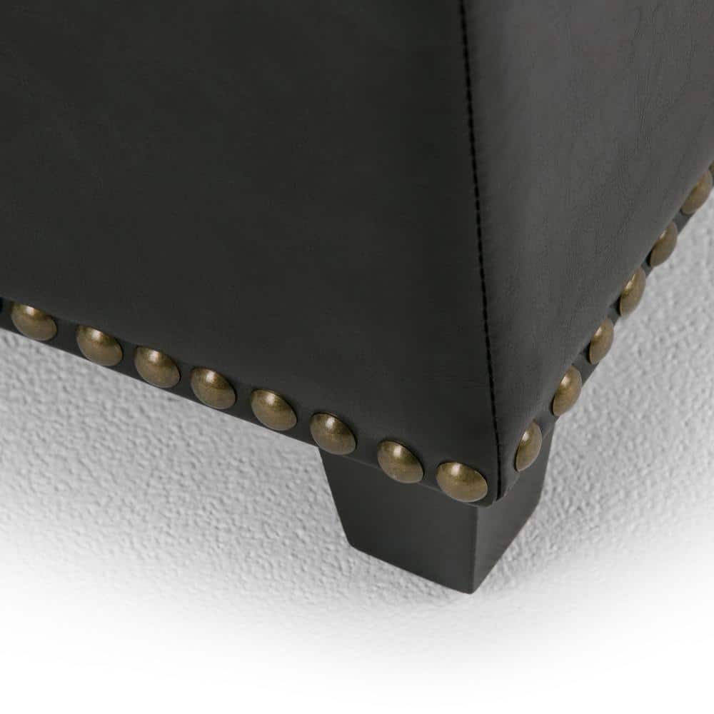 Midnight Black Bonded Leather Large Rectangular Storage Ottoman Bench