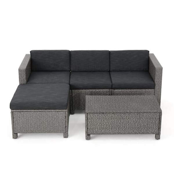Noble House Puerta Gray 5-Piece Wicker Outdoor Patio Sectional with Black Cushions