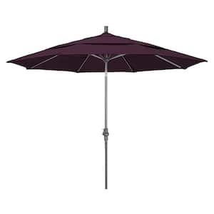 11 ft. Hammertone Grey Aluminum Market Patio Umbrella with Crank Lift in Purple Pacifica
