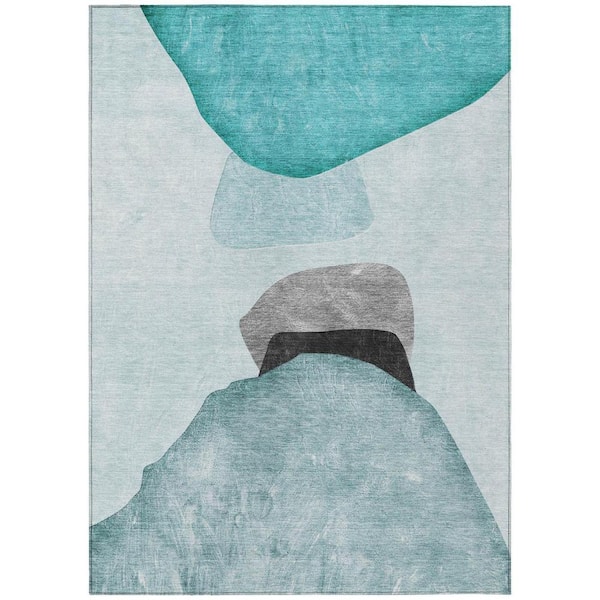 Ivory Teal and Gray 9 ft. x 12 ft. Woven Abstract Rectangle Indoor/Outdoor Area Rug