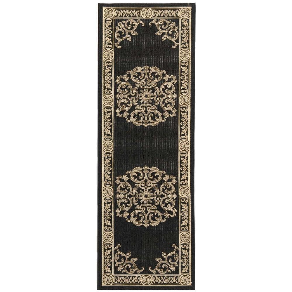 Black and Sand Floral Synthetic Outdoor Runner Rug