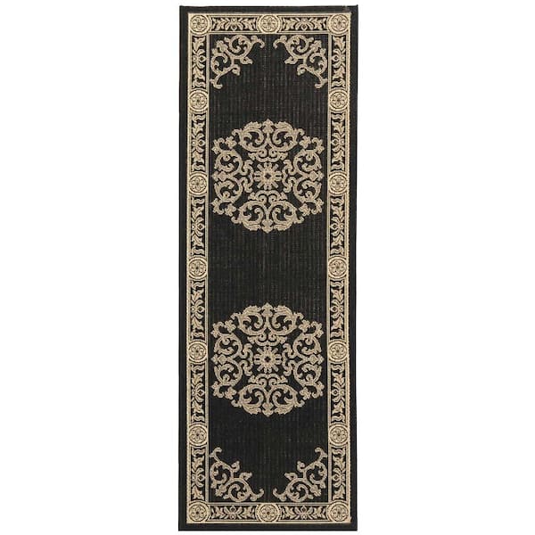 Courtyard Black/Sand 2 ft. x 14 ft. Floral Indoor/Outdoor Patio  Runner Rug