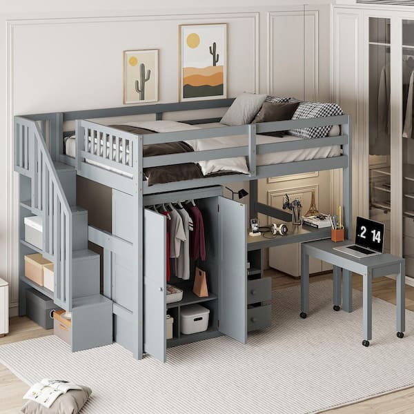 Harper & Bright Designs Multifunctional Gray Full Size Wood Loft Bed with Stairs, Bookshelf, Drawers, Desk, Wardrobe