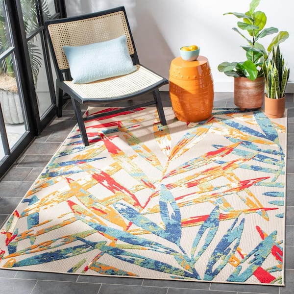 Cabana Ivory/Navy 7 ft. x 7 ft. Palm Leaf Indoor/Outdoor Patio  Square Area Rug