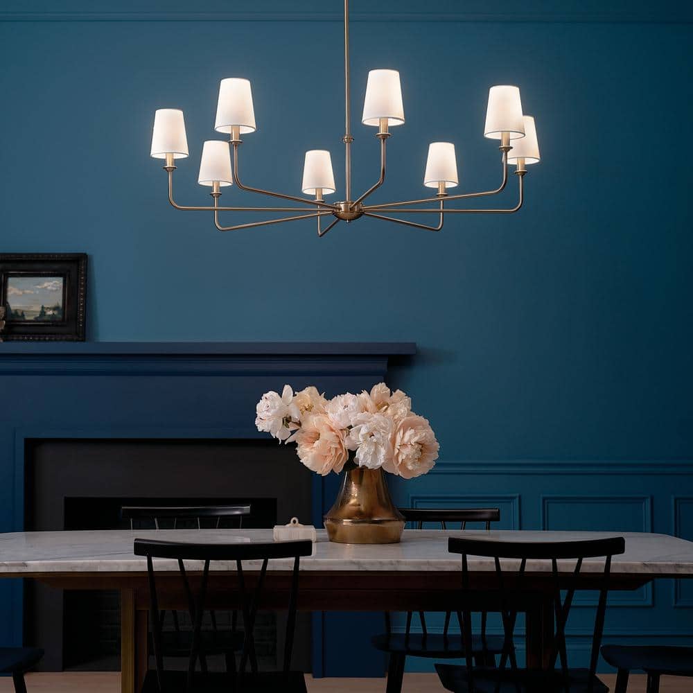 Brushed Natural Brass 8-Light Chandelier with White Linen Shades