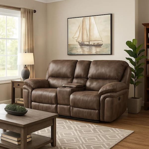 79.5 in. Pillow Top Arm Fabric Rectangle Power Recliner Loveseat Sofa in Brown