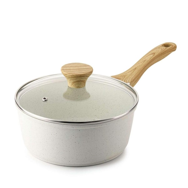 1.5 qt. Aluminum Sauce Pan with Swiss Granite Nonstick Coating in White Ceramic, with Glass Lid, Stay-Cool Handle