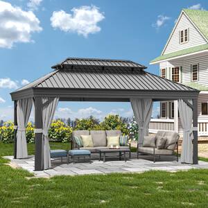 12 ft. x 16 ft. Bronze Gold Aluminum Hardtop Gazebo Galvanized Steel Roof with Curtain and Mosquito Net