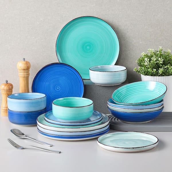 MALACASA 16-Piece Multi-Blue Stoneware Dinnerware Set Handpainted