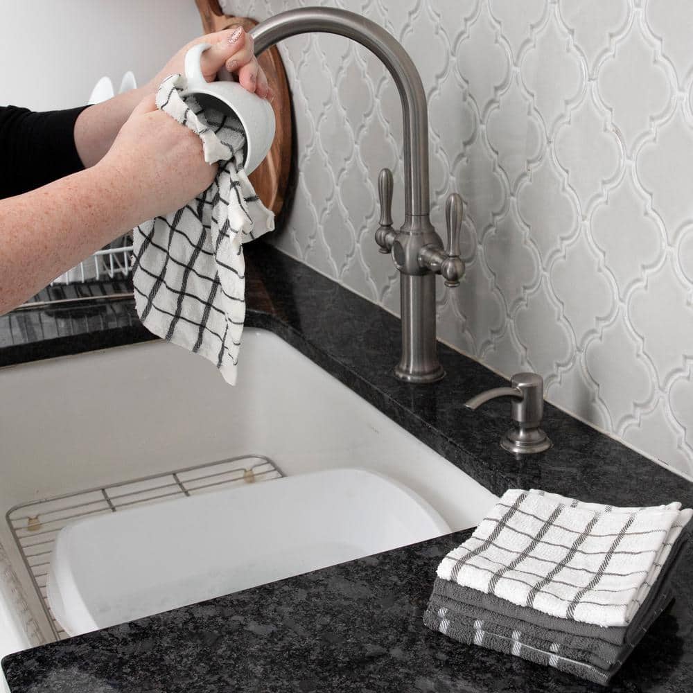 Gray and White Cotton Terry Kitchen Towel and Dish Cloth Set