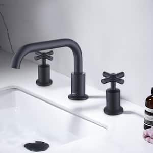 Modern 8 in. Widespread Double Handle 360° Swivel Spout Bathroom Faucet with Drain Kit Included in Matte Black