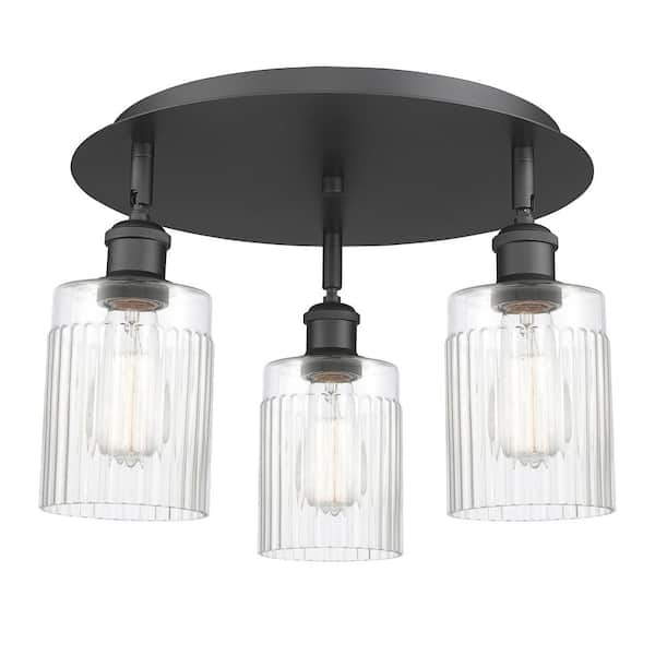 Hadley 16.25 in. 3-Light Matte Black Art Nouveau Flush Mount with Clear Glass Shade