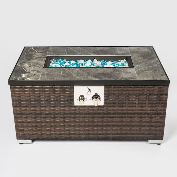 Unbranded 40,000 BTU Rectangle Wicker Outdoor Fire Pit Table with Glass Rocks