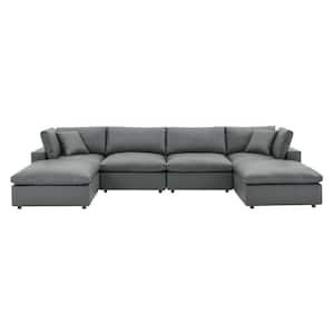 Commix 158 in. Gray Down Filled Overstuffed 4 Piece Faux Leather 6-Piece Sectional Sofa