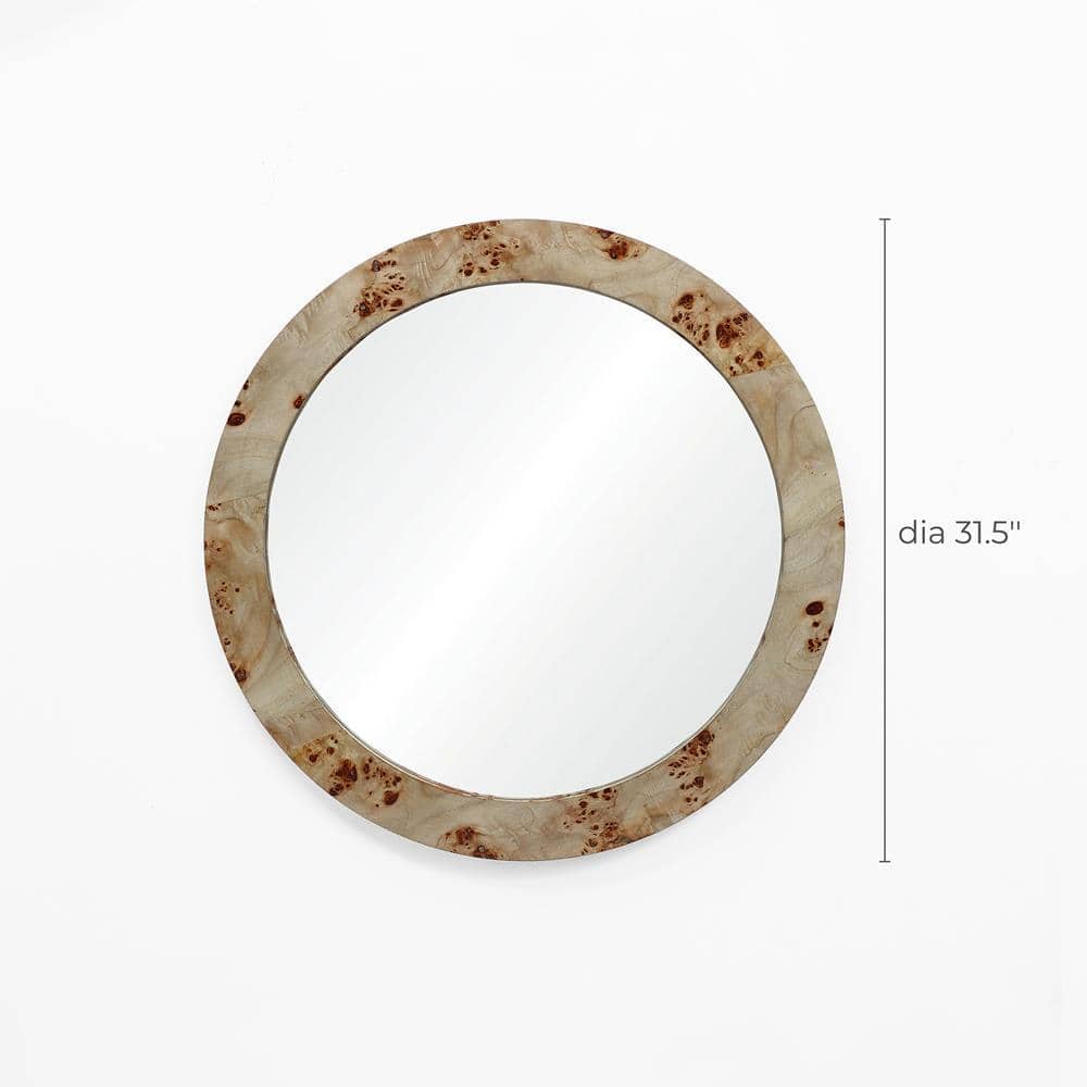 31.5-Inch Round Burlywood Veneer Accent Wall Mirror