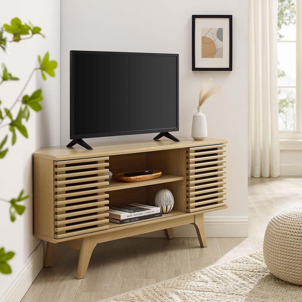 Oak Mid-Century Modern Corner TV Stand with Cabinet