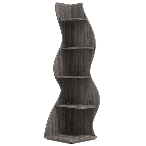 BYBLIGHT Eulas 69.8 in. Tall Gray Engineered Wood 5-Shelf Standard Bookcase Corner Shelf with Storage