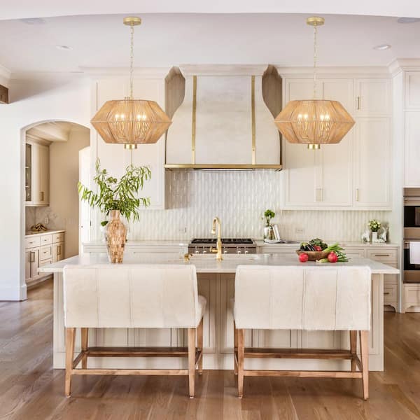 LWYTJO 4-Light Spray Gold and Brown Dimmable Paper Rattan