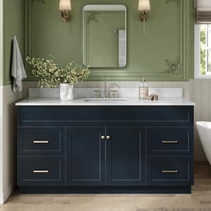 Hamlet 67 in. W x 22 in. D x 35.25 Single Sink Freestanding Bath Vanity in Midnight Blue with Carrara White Marble Top