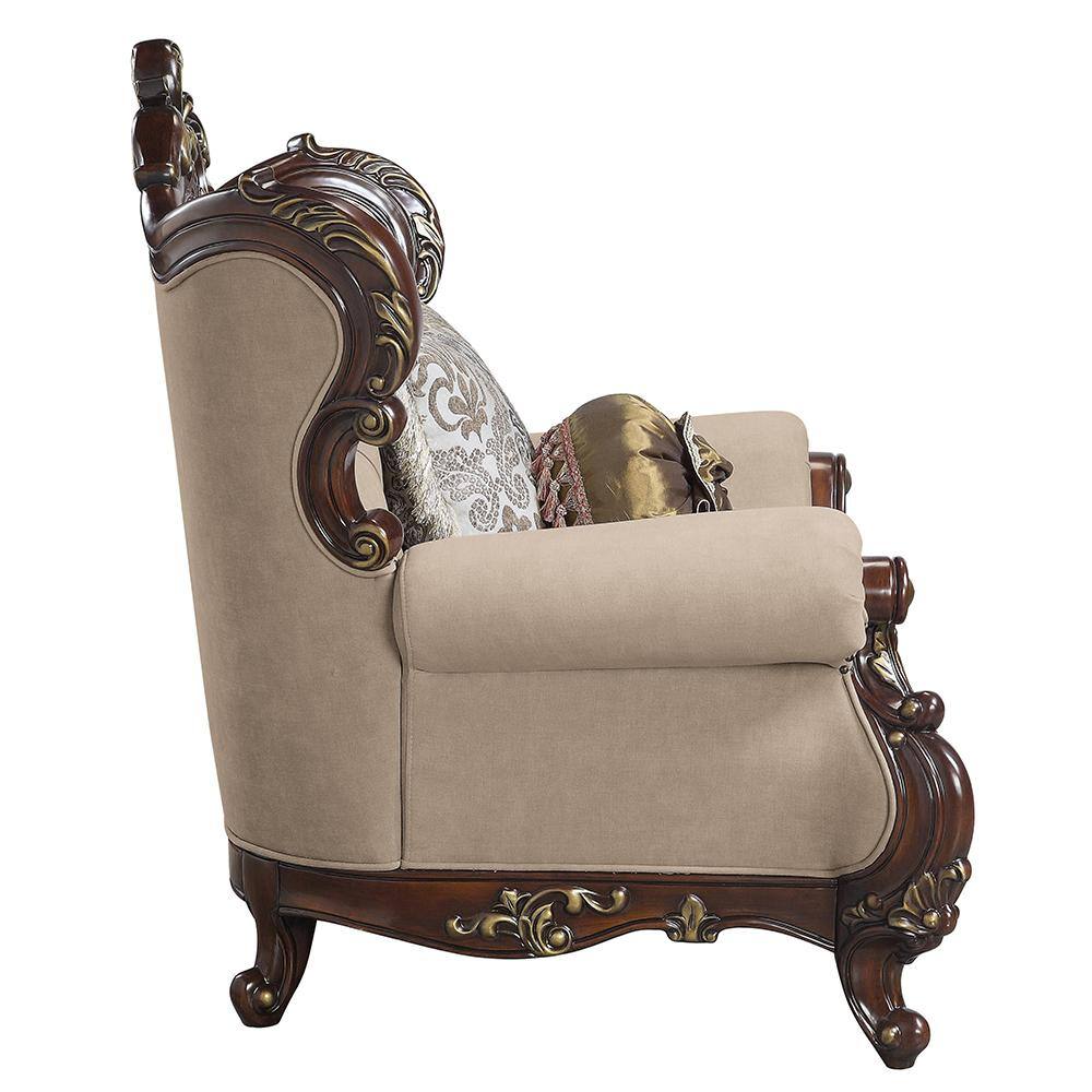 Light Brown Linen and Cherry Wood Floral Accent Chair