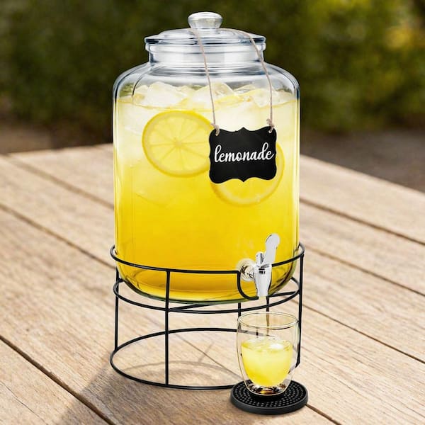 4-Gallon Glass Beverage Serveware with Wooden Stand, ABS Spigot, Glass Lid, and Drink Coasters for Unit