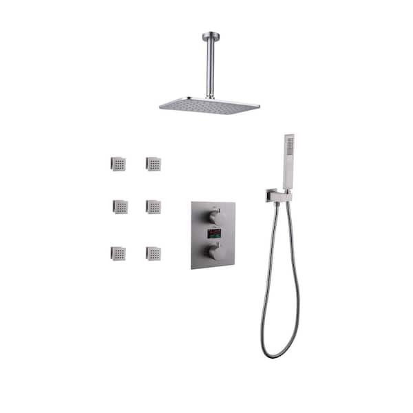 Tomfaucet Thermostatic Double-Handle 3-Spray Shower Faucet 5 GPM with High Pressure 6-Jet in Brushed Nickel (Valve Included)