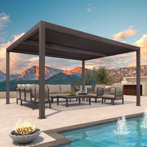 PURPLE LEAF 11 ft. x 14 ft. Bronze Aluminum Frame Patio Hardtop Louvered Pergola with Adjustable Rainproof Roof and In-Built Gutter