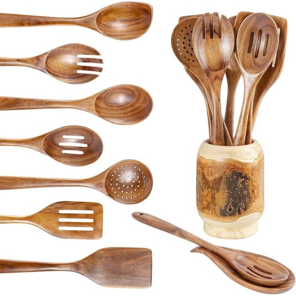 9-Piece 13 in. Teak Wood Utensils for Cooking with Utensils Holder, Kitchen Utensils Set with Holder and Spoon Rest