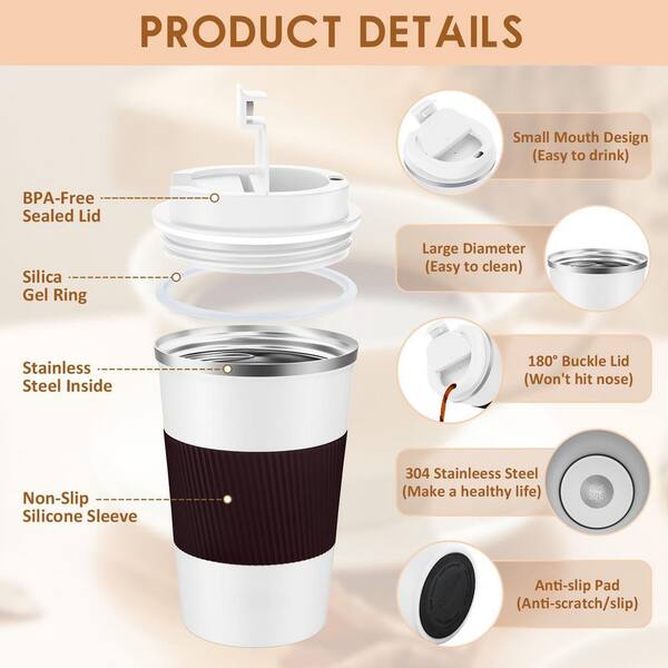 Wudkey 12 oz. Insulated Reusable White Stainless Steel Vacuum Travel Coffee Mug with Seal Lid for Outdoor Use