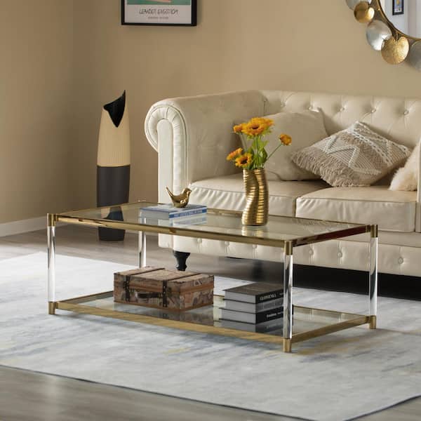 Gold Rectangular Table FABULAXE Coffee Acrylic Glass - Entryway The and QI004409 Room, Shelf Modern Home for Tempered Office, with Depot Metal Dining