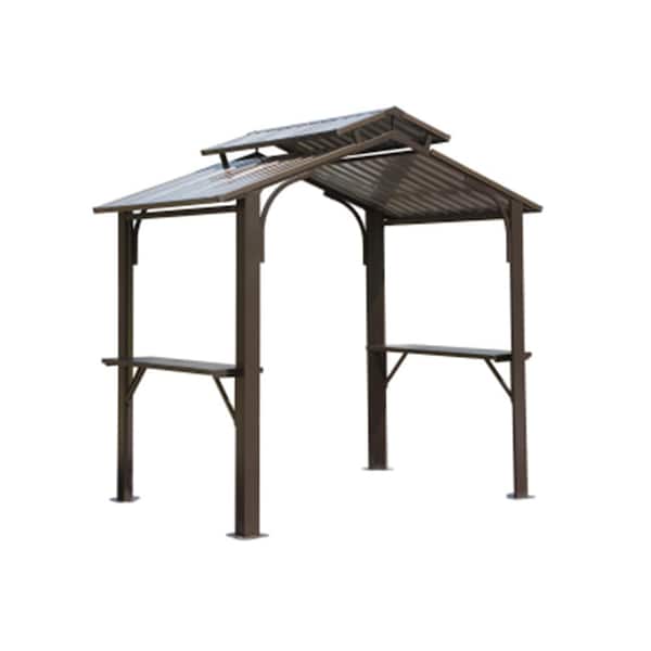 8 ft. x 5 ft. Brown Hardtop Grill Gazebo with Galvanized Steel Double Roof, Side Shelves and Built-In Bottle Opener