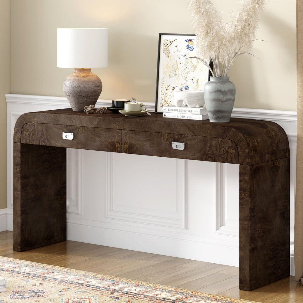 Harper & Bright Designs 60 in. Dark Brown Specialty MDF and Burl Wood ...