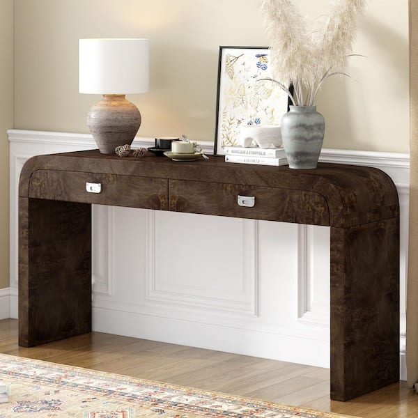 60 in. Dark Brown Specialty MDF and Burl Wood Veneer Entryway Console Table with 2 Spacious Drawers, Metal Handles