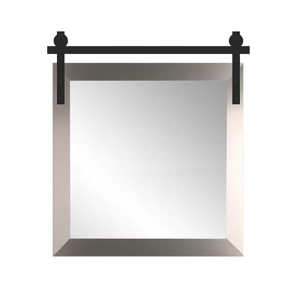 BrandtWorks 34 in. W x 37 in. H Brushed Nickel Square Barn Door Framed Mirror