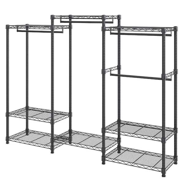 Rolling Clothing Garment Steel Clothes Rack with 4 Hang Rods & 8 Storage Tiers, Adjustable Custom Closet Rack