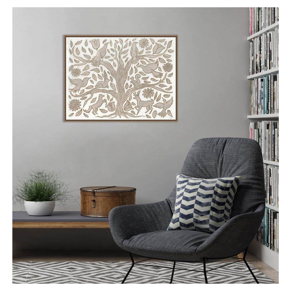 Neutral Grey Animal Tree Canvas Wall Art with Beaded Frame