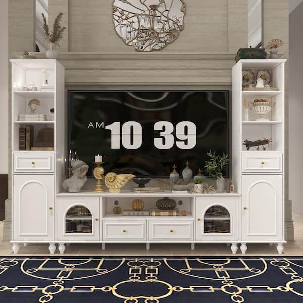 FUFU&GAGA White Wood TV Stand Entertainment Center Fits TV's up to 80 in. with 2 Bookshelves and Acrylic Glass Door, Drawers