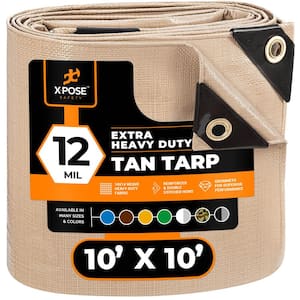 Heavy Duty Tan Poly Tarp 10' X 10' Multipurpose Protective Cover   Durable Extra Thick 12 Mil Polyethylene
