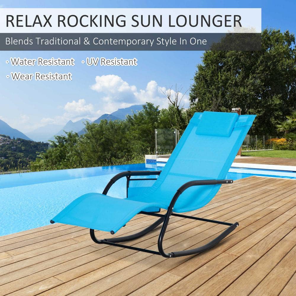 Sky Blue Outdoor Rocking Recliner with Cushioned Headrest and Side Pocket