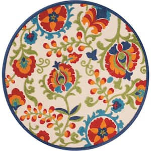 Aloha Multicolor 4 ft. x 4 ft. Round Floral Modern Indoor/Outdoor Patio Area Rug