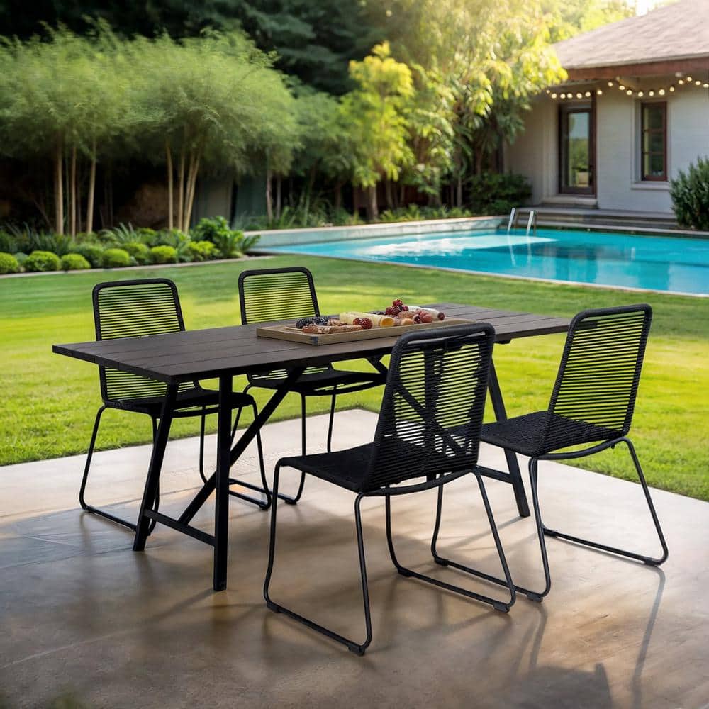 Dark Eucalyptus and Black Metal 4-Person Outdoor Dining Set with Cushions