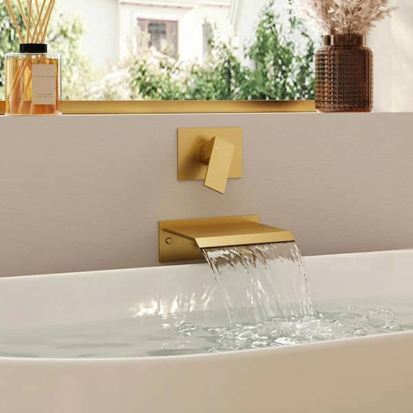Wall Mount Waterfall Spout Roman Tub Faucet 8.4 GPM with Valve, Single Handle Bathtub Faucet in Brushed Gold