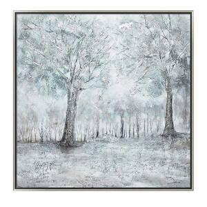 Snowy Forest in. Silver Wooden Floating Frame Hand Painted Acrylic Wall Art on a 39 in. x 39 in.