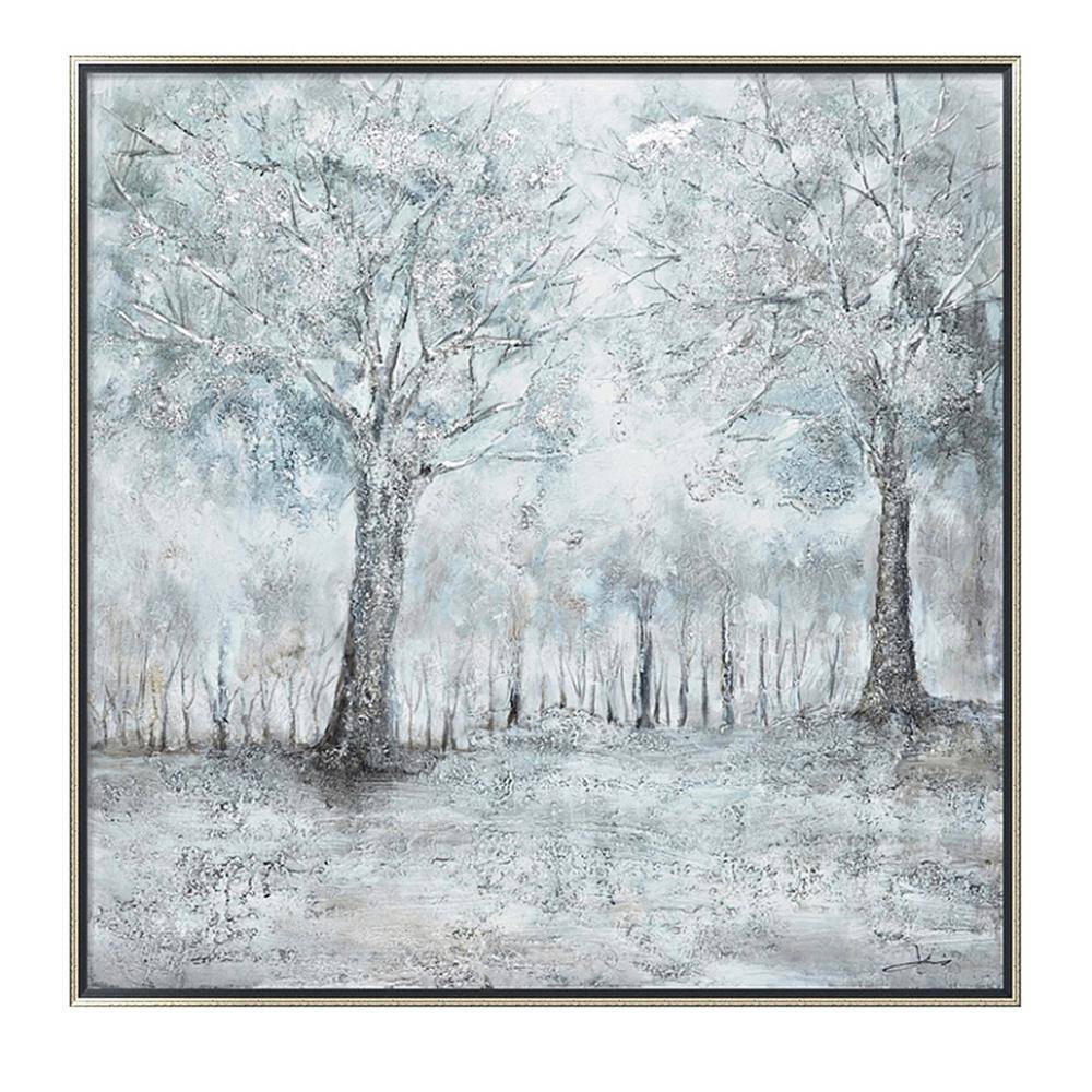 Oakland Living Snowy Forest In Silver Wooden Floating Frame Hand Painted Acrylic Wall Art On A 39 In X 39 In Hdcb 92 The Home Depot