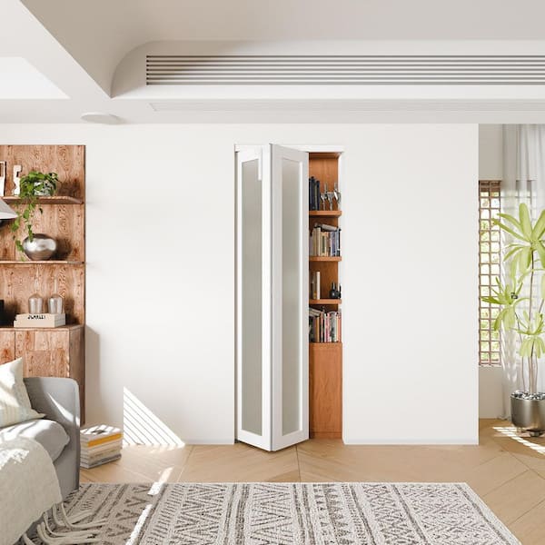 36 in x 80 in Full Lite Frosted Glass Solid Core White PVC Covering MDF Bi-fold Door with Lock and Full Accessories