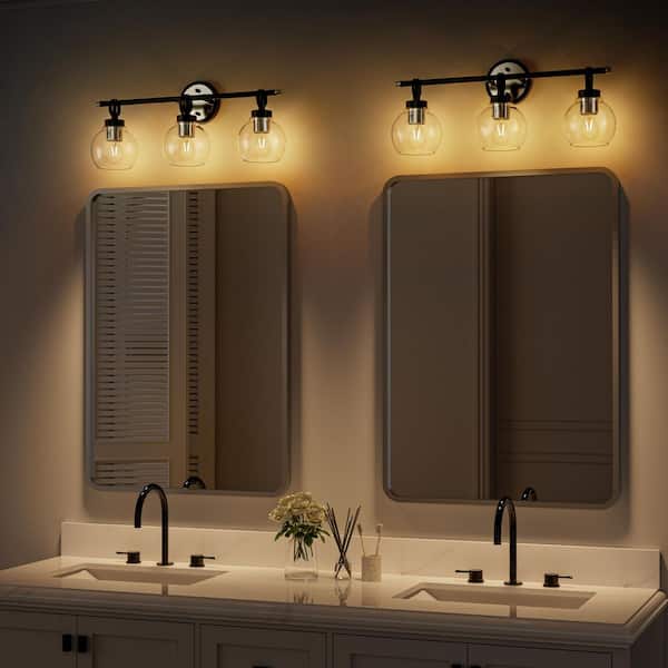 25 in. 3 Light Black and Chrome Vanity Light with Clear Glass Shade